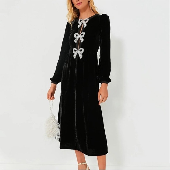 SALONI Dresses & Skirts - Saloni Camille Bow Velvet Midi Dress Black Embellished Size 2 NWT